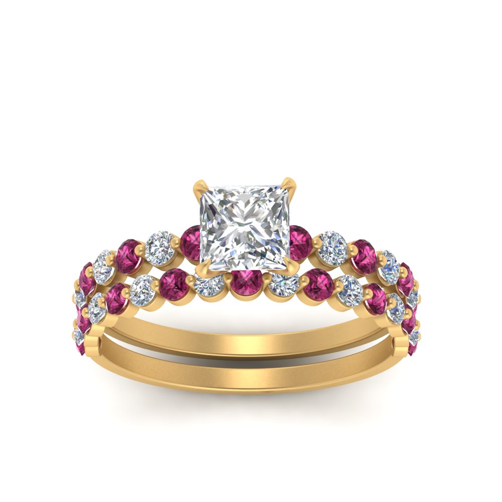 shared-prong-princess-cut-engagement-and-wedding-ring-set-with-pink-sapphire-in-FDENS3023PRGSADRPI-NL-YG