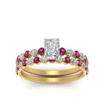 Load image into Gallery viewer, shared-prong-radiant-engagement-and-wedding-ring-set-with-pink-sapphire-in-FDENS3023RAGSADRPI-NL-YG
