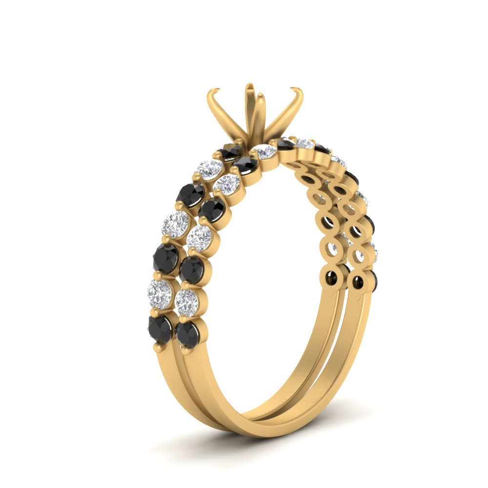 shared-prong-semi-mount-engagement-and-wedding-ring-set-with-black-diamond-in-FDENS3023SMGBLACK-NL-YG