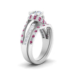 Load image into Gallery viewer, swirl-bridal-set-round-halo-pink-sapphire-with-baguette-in-FD10355ROGSADRPIANGLE3-NL-WG
