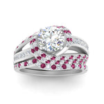 Load image into Gallery viewer, swirl-bridal-set-round-halo-pink-sapphire-with-baguette-in-FD10355ROGSADRPIANGLE3-NL-WG
