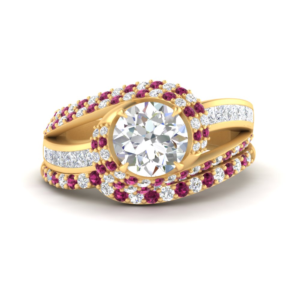 swirl-bridal-set-round-halo-pink-sapphire-with-baguette-in-FD10355ROGSADRPIANGLE3-NL-YG