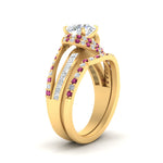 Load image into Gallery viewer, swirl-bridal-set-round-halo-pink-sapphire-with-baguette-in-FD10355ROGSADRPIANGLE3-NL-YG
