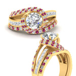 Load image into Gallery viewer, swirl-bridal-set-round-halo-pink-sapphire-with-baguette-in-FD10355ROGSADRPIANGLE3-NL-YG
