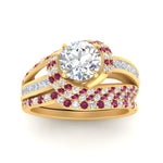 Load image into Gallery viewer, swirl-bridal-set-round-halo-pink-sapphire-with-baguette-in-FD10355ROGSADRPIANGLE3-NL-YG

