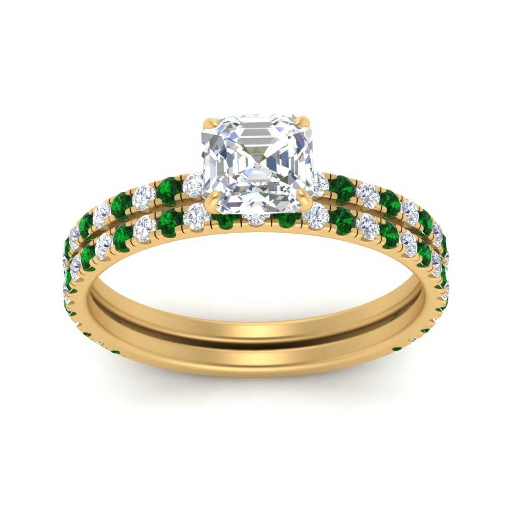 three-quarter-asscher-cut-diamond-gallery-bridal-ring-set-with-emerald-in-FD9168ASGEMGRANGLE3-NL-YG