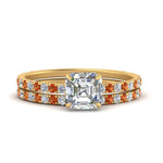 Load image into Gallery viewer, three-quarter-asscher-cut-diamond-gallery-bridal-ring-set-with-orange-sapphire-in-FD9168ASGSAORANGLE3-NL-YG