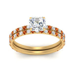 Load image into Gallery viewer, three-quarter-asscher-cut-diamond-gallery-bridal-ring-set-with-orange-sapphire-in-FD9168ASGSAORANGLE3-NL-YG