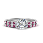 Load image into Gallery viewer, three-quarter-asscher-cut-diamond-gallery-bridal-ring-set-with-pink-sapphire-in-FD9168ASGSADRPIANGLE3-NL-WG
