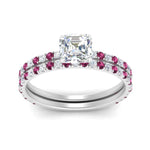 Load image into Gallery viewer, three-quarter-asscher-cut-diamond-gallery-bridal-ring-set-with-pink-sapphire-in-FD9168ASGSADRPIANGLE3-NL-WG
