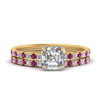 Load image into Gallery viewer, three-quarter-asscher-cut-diamond-gallery-bridal-ring-set-with-pink-sapphire-in-FD9168ASGSADRPIANGLE3-NL-YG
