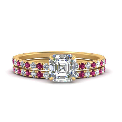 three-quarter-asscher-cut-diamond-gallery-bridal-ring-set-with-pink-sapphire-in-FD9168ASGSADRPIANGLE3-NL-YG