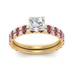 Load image into Gallery viewer, three-quarter-asscher-cut-diamond-gallery-bridal-ring-set-with-pink-sapphire-in-FD9168ASGSADRPIANGLE3-NL-YG
