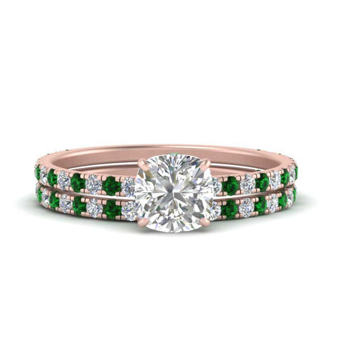 three-quarter-cushion-cut-diamond-gallery-bridal-ring-set-with-emerald-in-FD9168CUGEMGRANGLE3-NL-RG