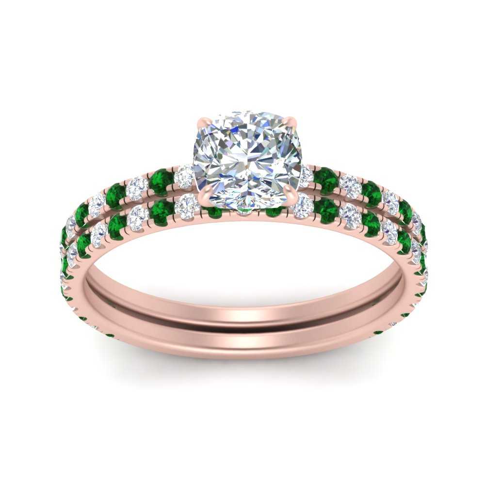 three-quarter-cushion-cut-diamond-gallery-bridal-ring-set-with-emerald-in-FD9168CUGEMGRANGLE3-NL-RG