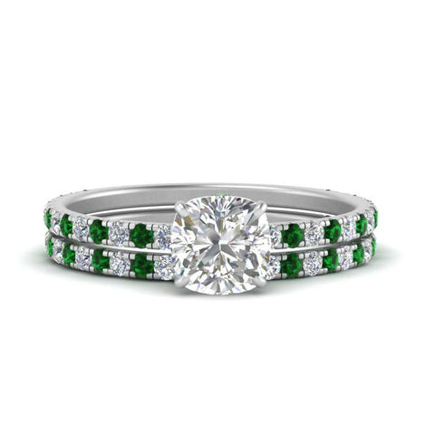 three-quarter-cushion-cut-diamond-gallery-bridal-ring-set-with-emerald-in-FD9168CUGEMGRANGLE3-NL-WG