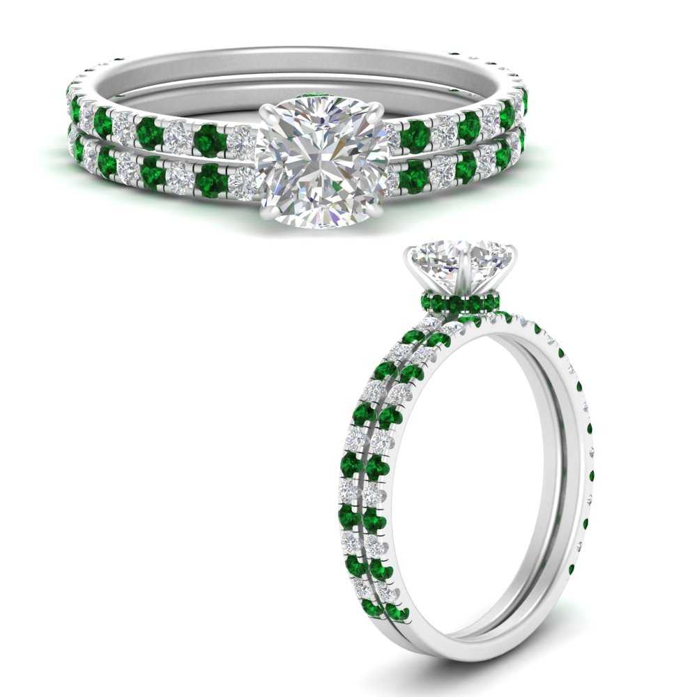 three-quarter-cushion-cut-diamond-gallery-bridal-ring-set-with-emerald-in-FD9168CUGEMGRANGLE3-NL-WG