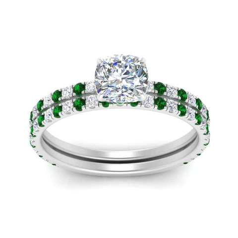 three-quarter-cushion-cut-diamond-gallery-bridal-ring-set-with-emerald-in-FD9168CUGEMGRANGLE3-NL-WG