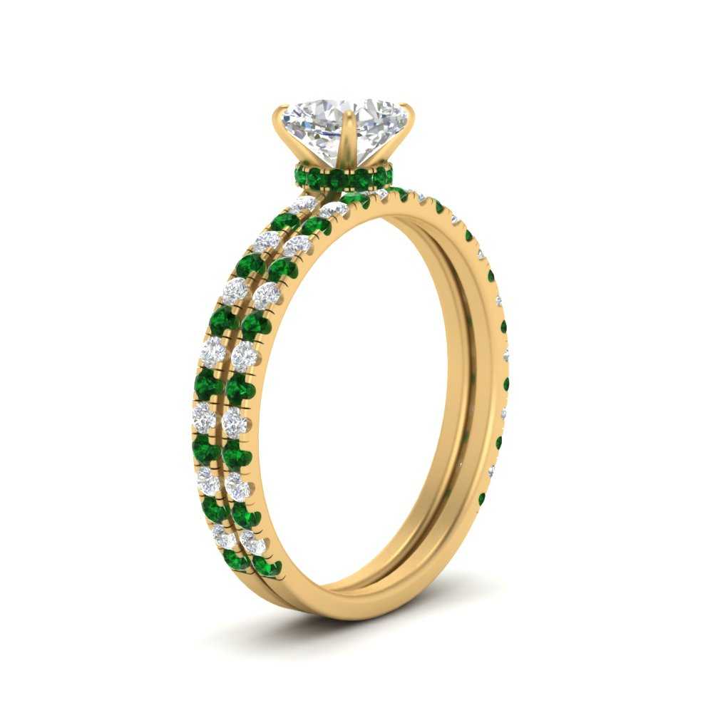 three-quarter-cushion-cut-diamond-gallery-bridal-ring-set-with-emerald-in-FD9168CUGEMGRANGLE3-NL-YG