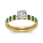 Load image into Gallery viewer, three-quarter-cushion-cut-diamond-gallery-bridal-ring-set-with-emerald-in-FD9168CUGEMGRANGLE3-NL-YG
