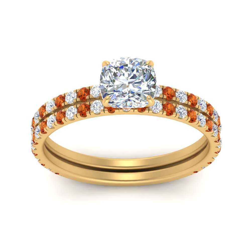 three-quarter-cushion-cut-diamond-gallery-bridal-ring-set-with-orange-sapphire-in-FD9168CUGSAORANGLE3-NL-YG