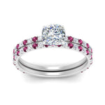 Load image into Gallery viewer, three-quarter-cushion-cut-diamond-gallery-bridal-ring-set-with-pink-sapphire-in-FD9168CUGSADRPIANGLE3-NL-WG