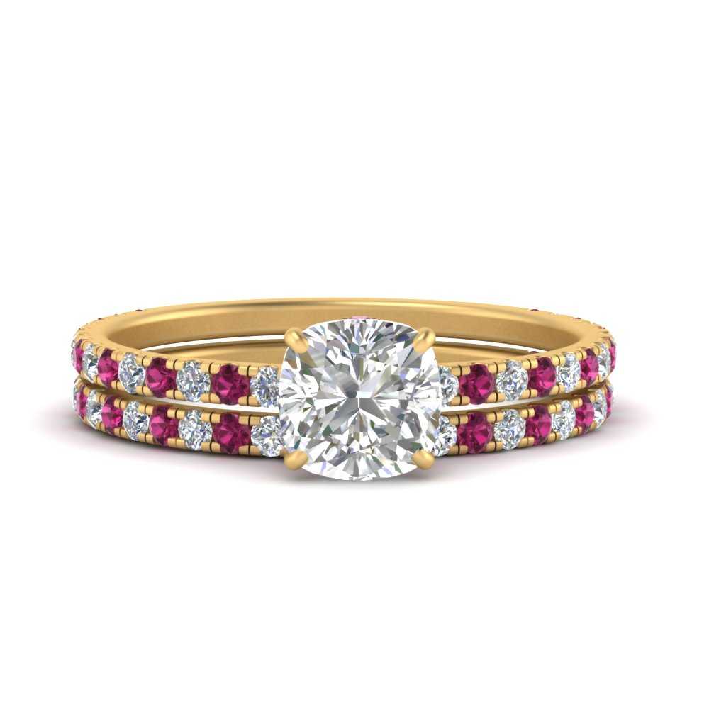 three-quarter-cushion-cut-diamond-gallery-bridal-ring-set-with-pink-sapphire-in-FD9168CUGSADRPIANGLE3-NL-YG