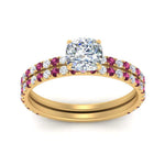 Load image into Gallery viewer, three-quarter-cushion-cut-diamond-gallery-bridal-ring-set-with-pink-sapphire-in-FD9168CUGSADRPIANGLE3-NL-YG
