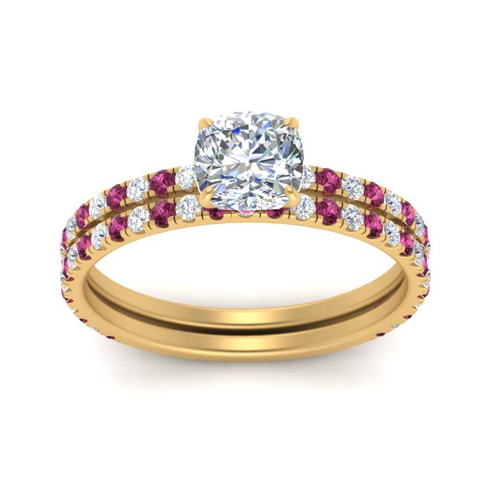 three-quarter-cushion-cut-diamond-gallery-bridal-ring-set-with-pink-sapphire-in-FD9168CUGSADRPIANGLE3-NL-YG