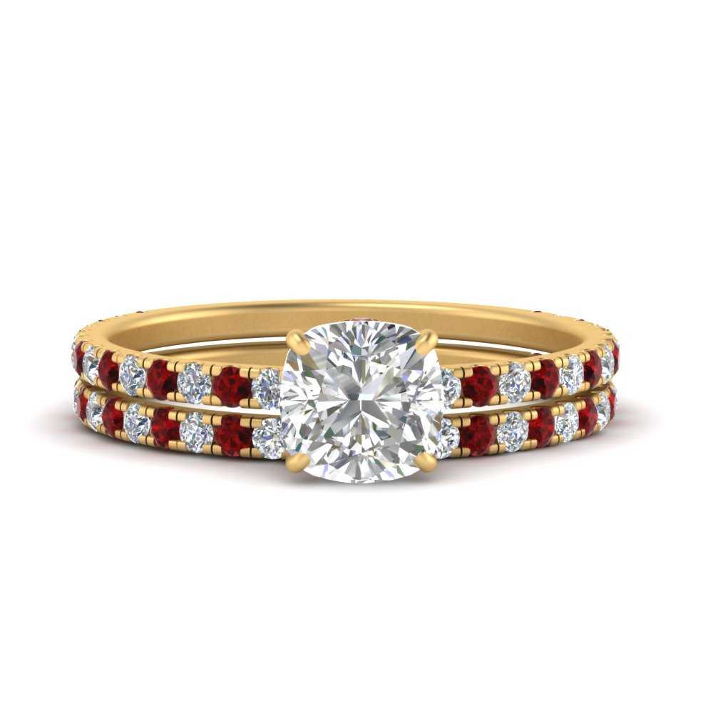 three-quarter-cushion-cut-diamond-gallery-bridal-ring-set-with-ruby-in-FD9168CUGRUDRANGLE3-NL-YG
