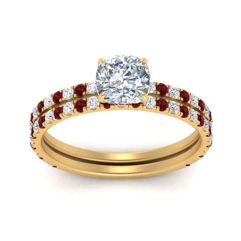 three-quarter-cushion-cut-diamond-gallery-bridal-ring-set-with-ruby-in-FD9168CUGRUDRANGLE3-NL-YG