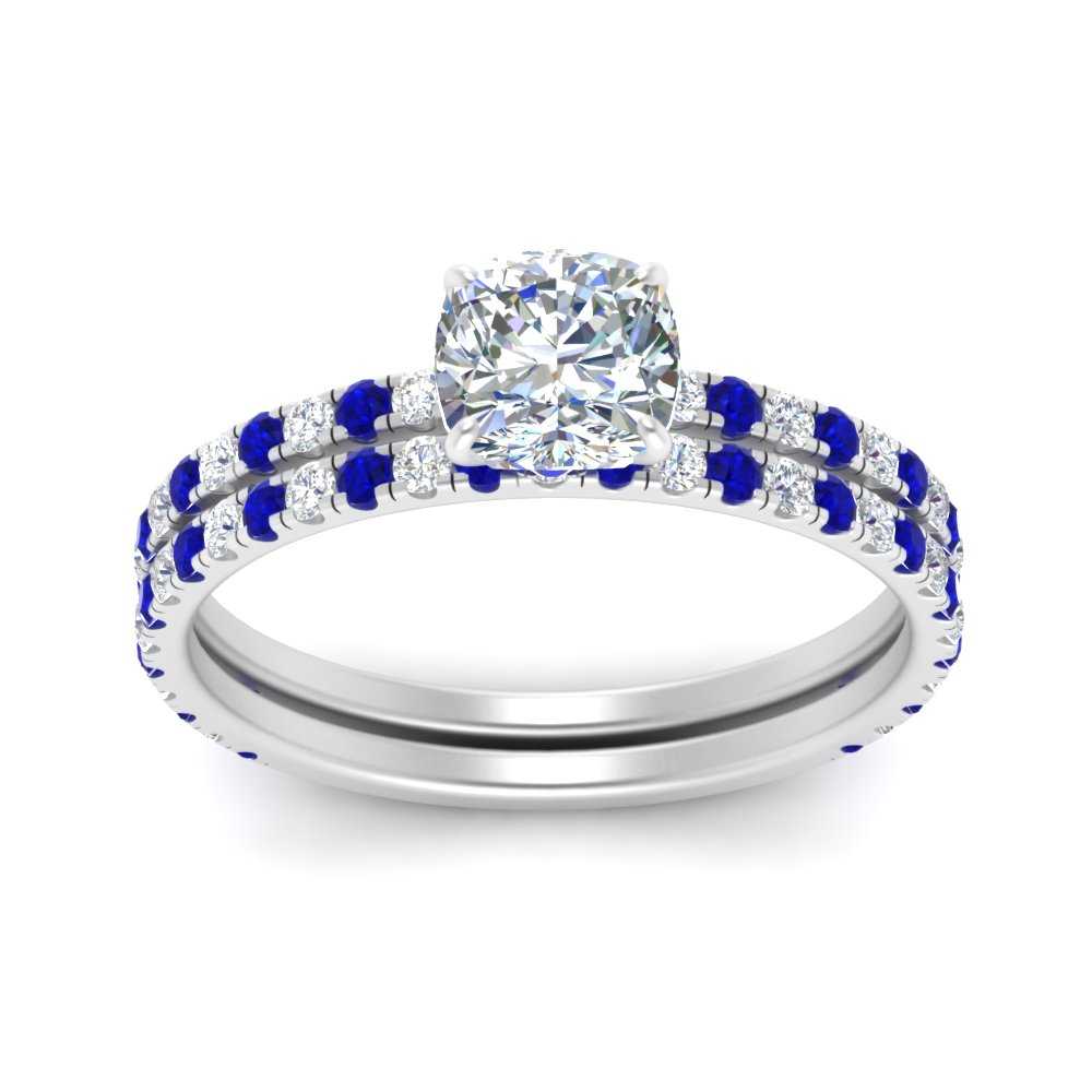 three-quarter-cushion-cut-diamond-gallery-bridal-ring-set-with-sapphire-in-FD9168CUGSABLANGLE3-NL-WG
