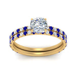 Load image into Gallery viewer, three-quarter-cushion-cut-diamond-gallery-bridal-ring-set-with-sapphire-in-FD9168CUGSABLANGLE3-NL-YG
