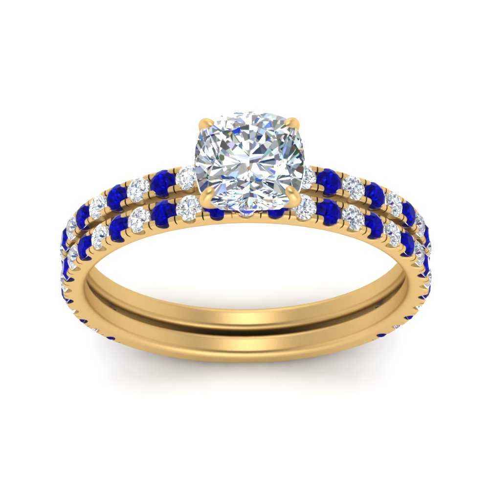 three-quarter-cushion-cut-diamond-gallery-bridal-ring-set-with-sapphire-in-FD9168CUGSABLANGLE3-NL-YG