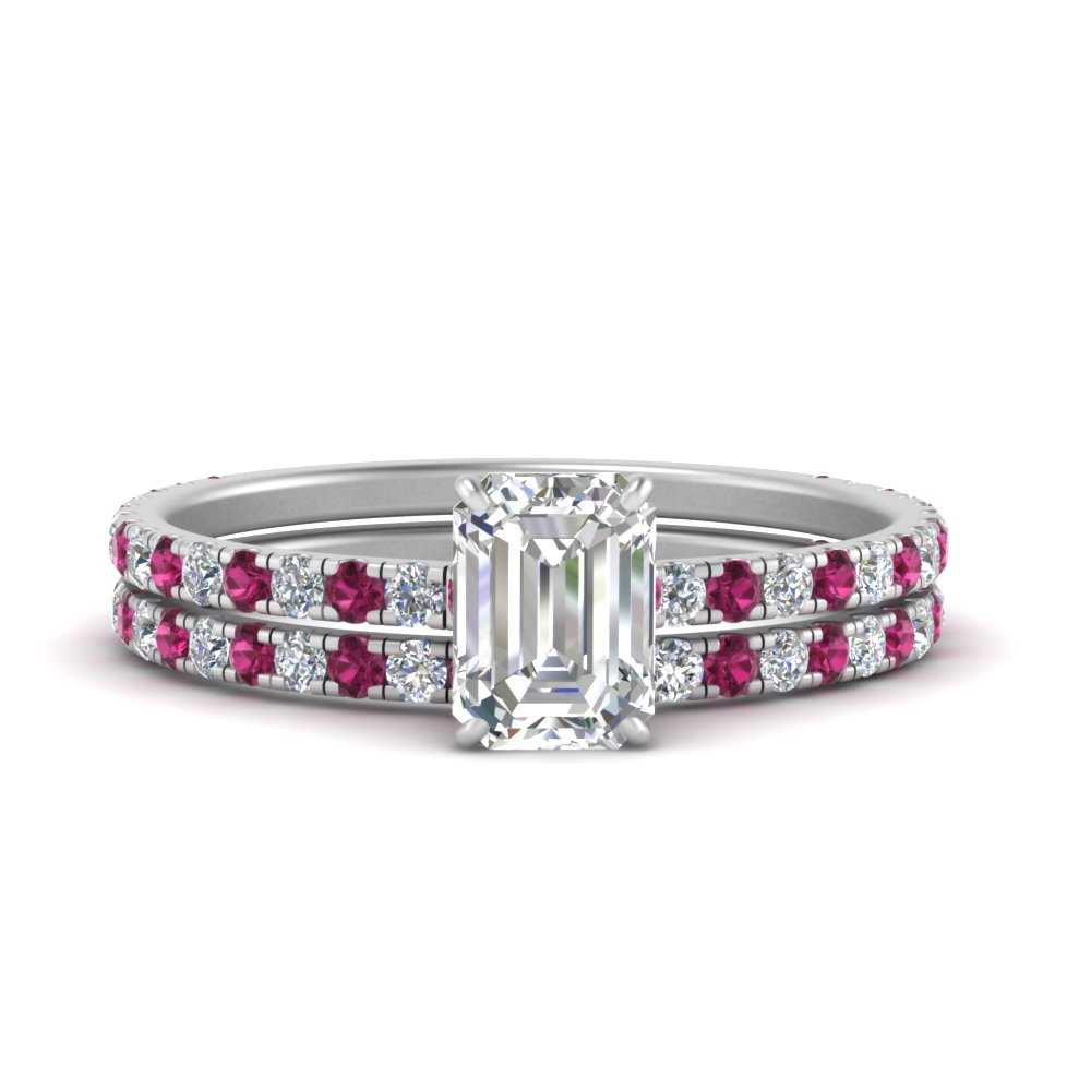 three-quarter-emerald-cut-diamond-gallery-bridal-ring-set-with-pink-sapphire-in-FD9168EMGSADRPIANGLE3-NL-WG