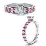 Load image into Gallery viewer, three-quarter-emerald-cut-diamond-gallery-bridal-ring-set-with-pink-sapphire-in-FD9168EMGSADRPIANGLE3-NL-WG