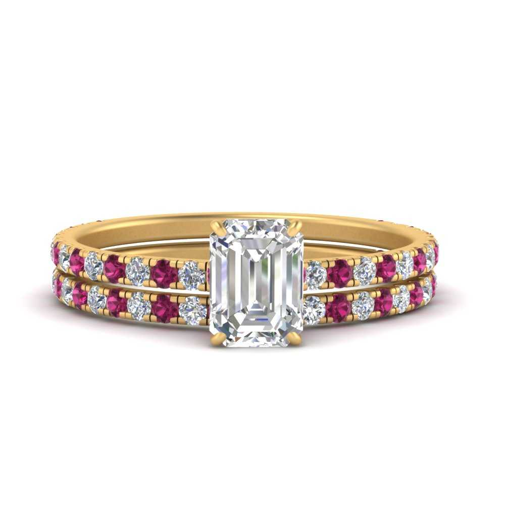 three-quarter-emerald-cut-diamond-gallery-bridal-ring-set-with-pink-sapphire-in-FD9168EMGSADRPIANGLE3-NL-YG
