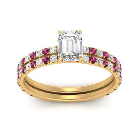 three-quarter-emerald-cut-diamond-gallery-bridal-ring-set-with-pink-sapphire-in-FD9168EMGSADRPIANGLE3-NL-YG