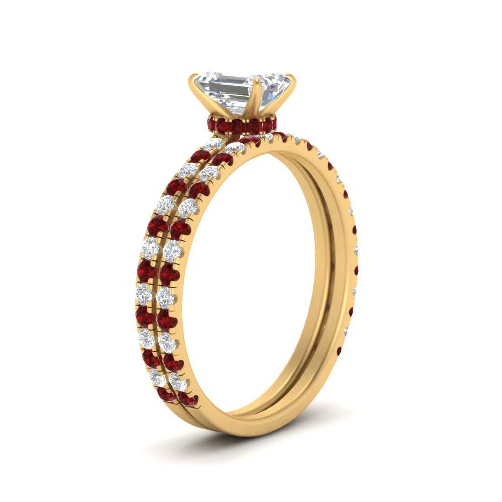three-quarter-emerald-cut-diamond-gallery-bridal-ring-set-with-ruby-in-FD9168EMGRUDRANGLE3-NL-YG