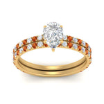 Load image into Gallery viewer, three-quarter-pear-shaped-diamond-gallery-bridal-ring-set-with-orange-sapphire-in-FD9168PEGSAORANGLE3-NL-YG
