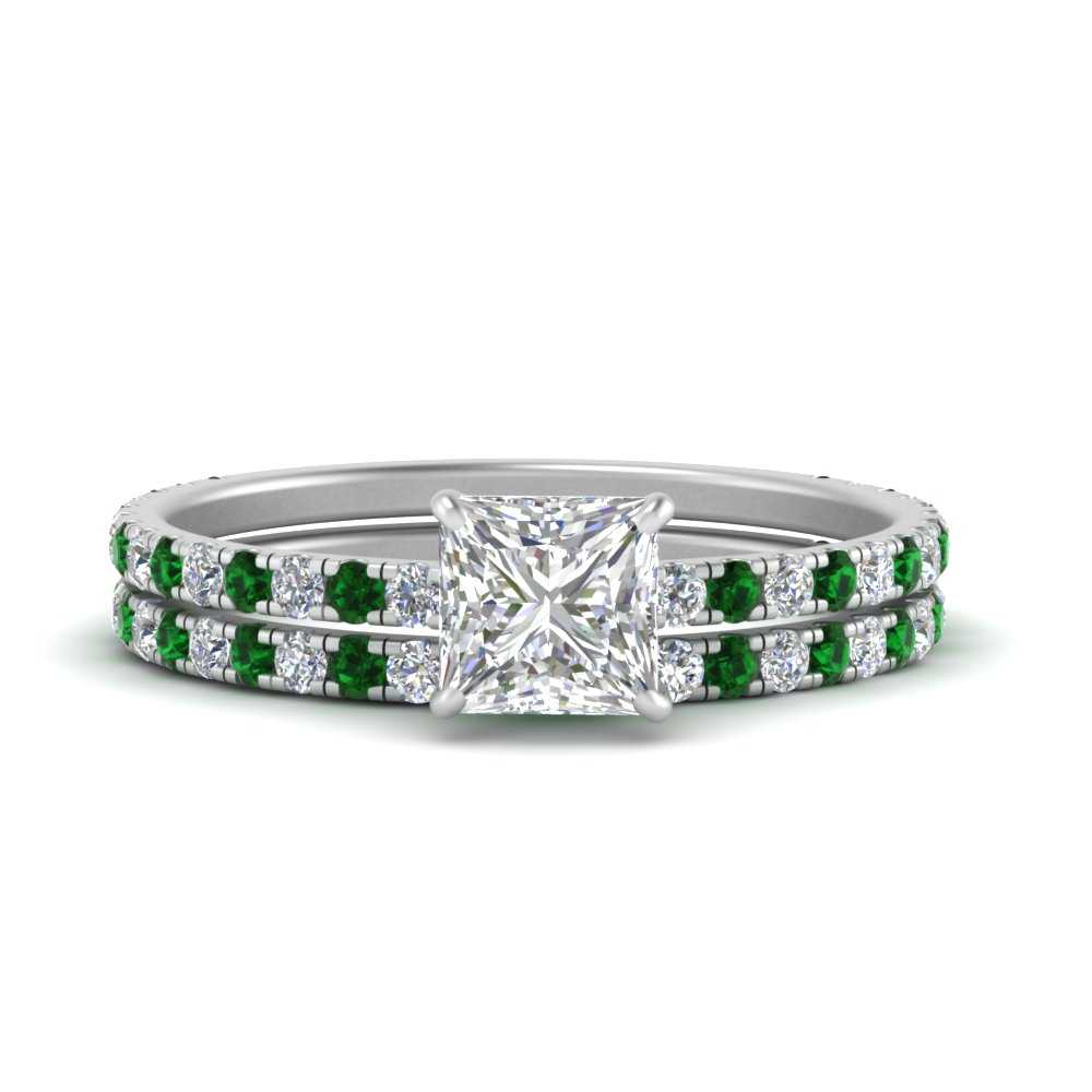 three-quarter-princess-cut-diamond-gallery-bridal-ring-set-with-emerald-in-FD9168PRGEMGRANGLE3-NL-WG