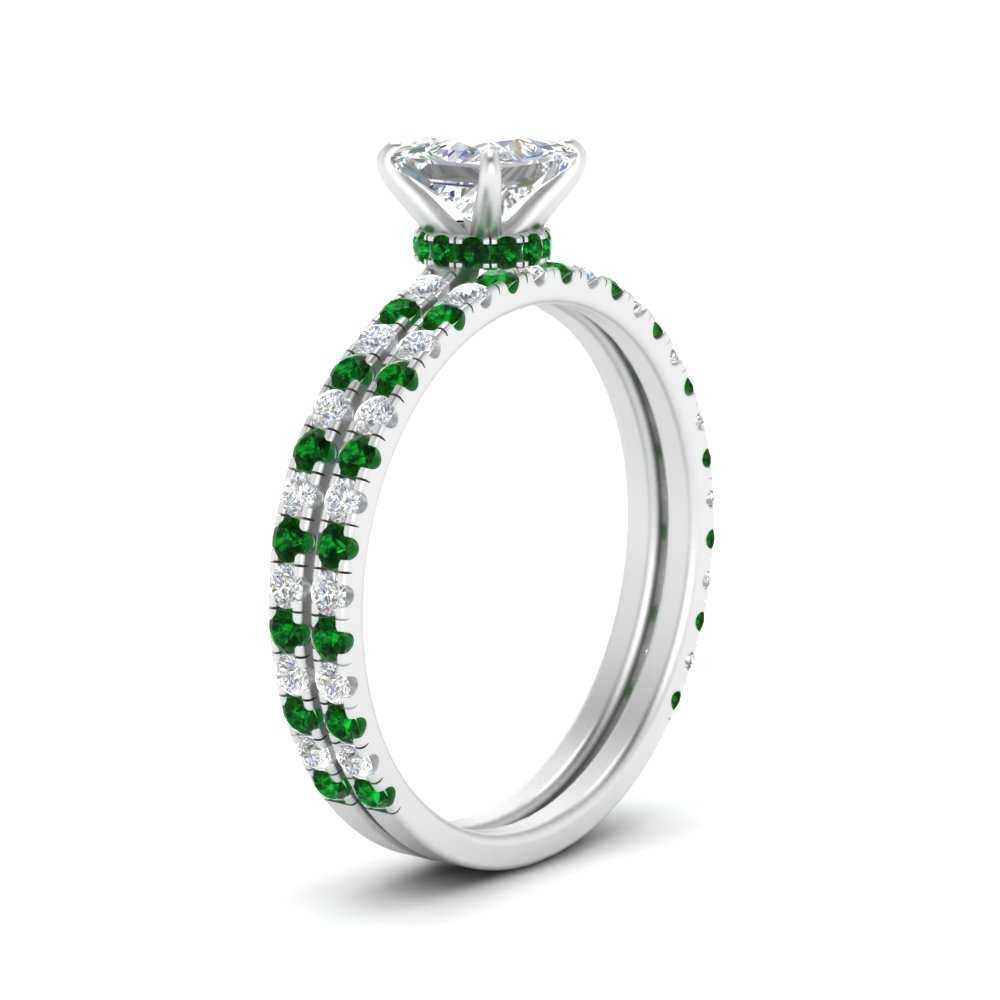 three-quarter-princess-cut-diamond-gallery-bridal-ring-set-with-emerald-in-FD9168PRGEMGRANGLE3-NL-WG