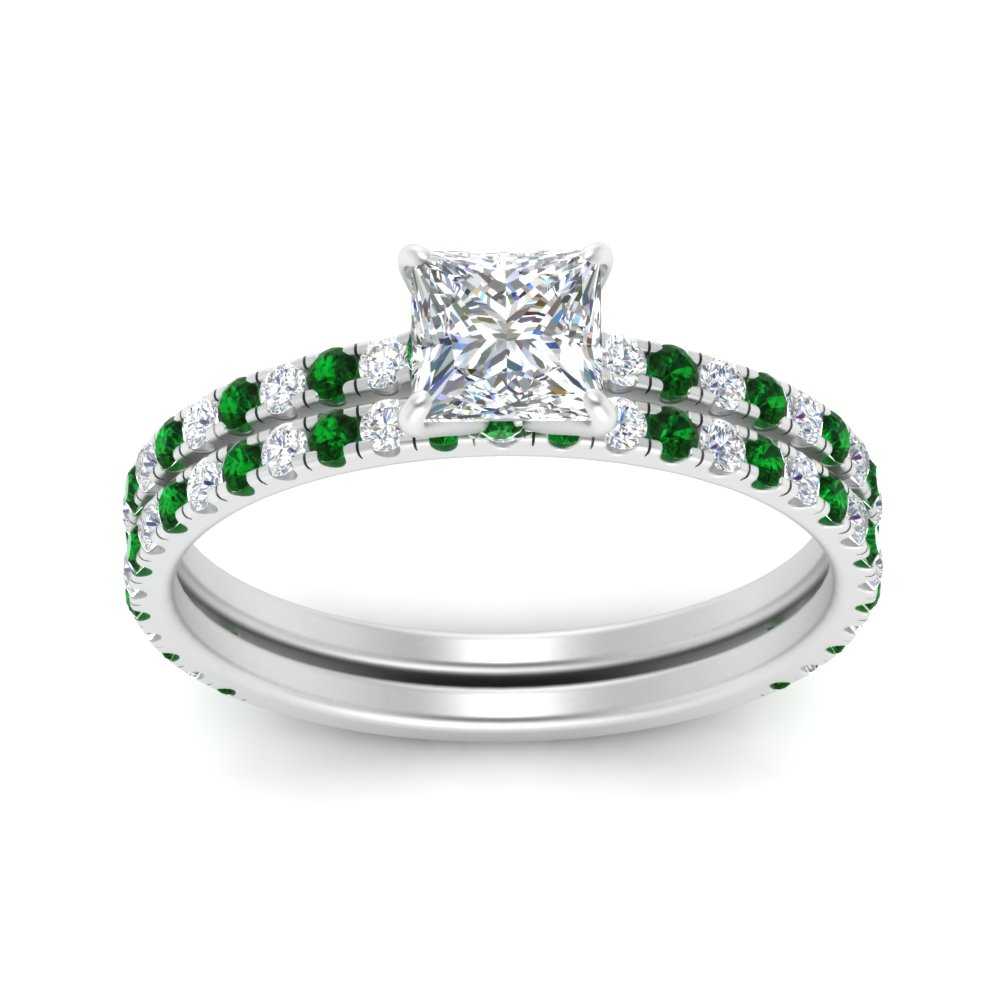 three-quarter-princess-cut-diamond-gallery-bridal-ring-set-with-emerald-in-FD9168PRGEMGRANGLE3-NL-WG