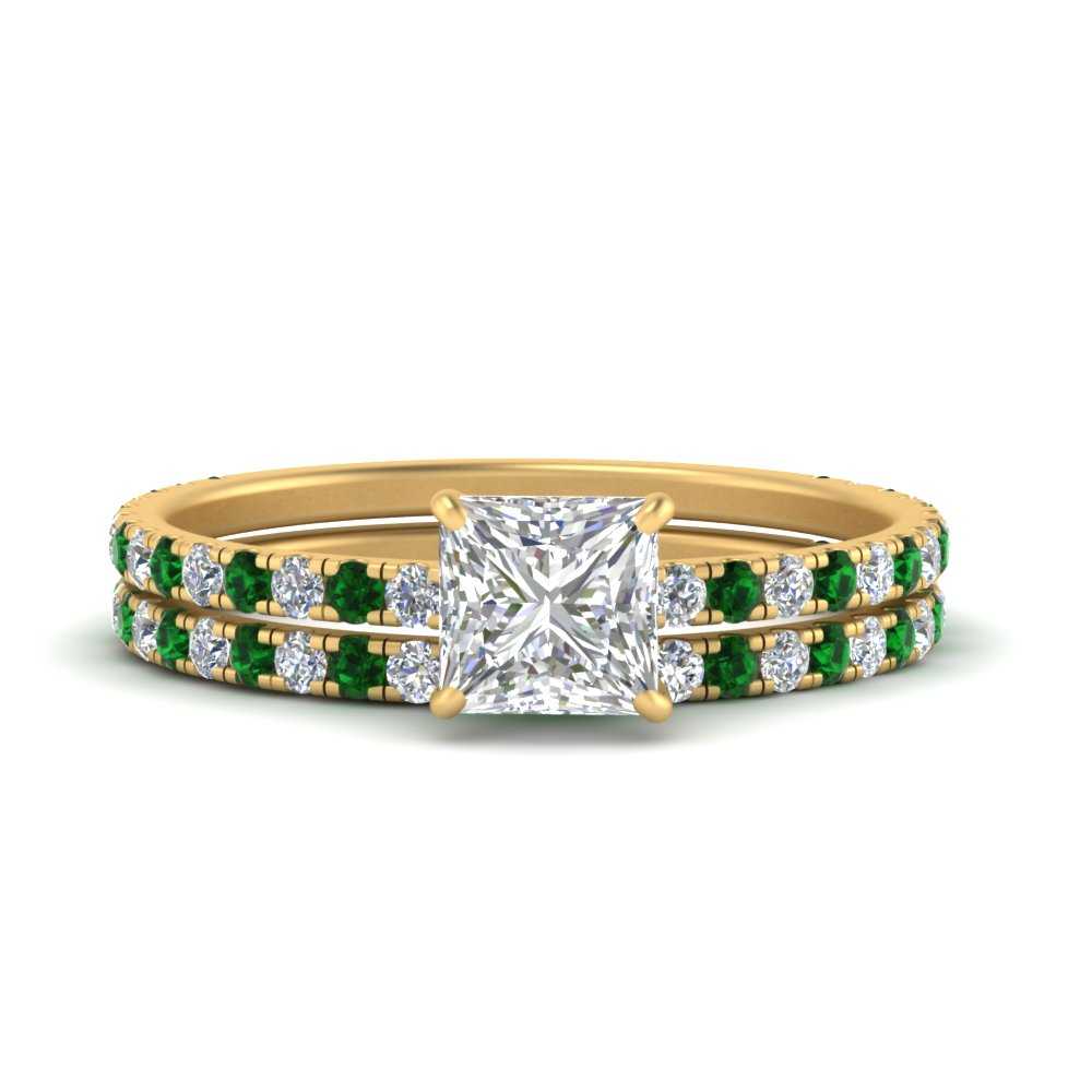 three-quarter-princess-cut-diamond-gallery-bridal-ring-set-with-emerald-in-FD9168PRGEMGRANGLE3-NL-YG