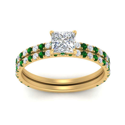 three-quarter-princess-cut-diamond-gallery-bridal-ring-set-with-emerald-in-FD9168PRGEMGRANGLE3-NL-YG
