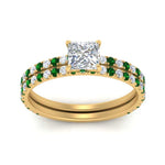 Load image into Gallery viewer, three-quarter-princess-cut-diamond-gallery-bridal-ring-set-with-emerald-in-FD9168PRGEMGRANGLE3-NL-YG