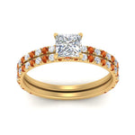 Load image into Gallery viewer, three-quarter-princess-cut-diamond-gallery-bridal-ring-set-with-orange-sapphire-in-FD9168PRGSAORANGLE3-NL-YG
