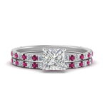Load image into Gallery viewer, three-quarter-princess-cut-diamond-gallery-bridal-ring-set-with-pink-sapphire-in-FD9168PRGSADRPIANGLE3-NL-WG