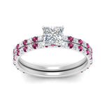 Load image into Gallery viewer, three-quarter-princess-cut-diamond-gallery-bridal-ring-set-with-pink-sapphire-in-FD9168PRGSADRPIANGLE3-NL-WG
