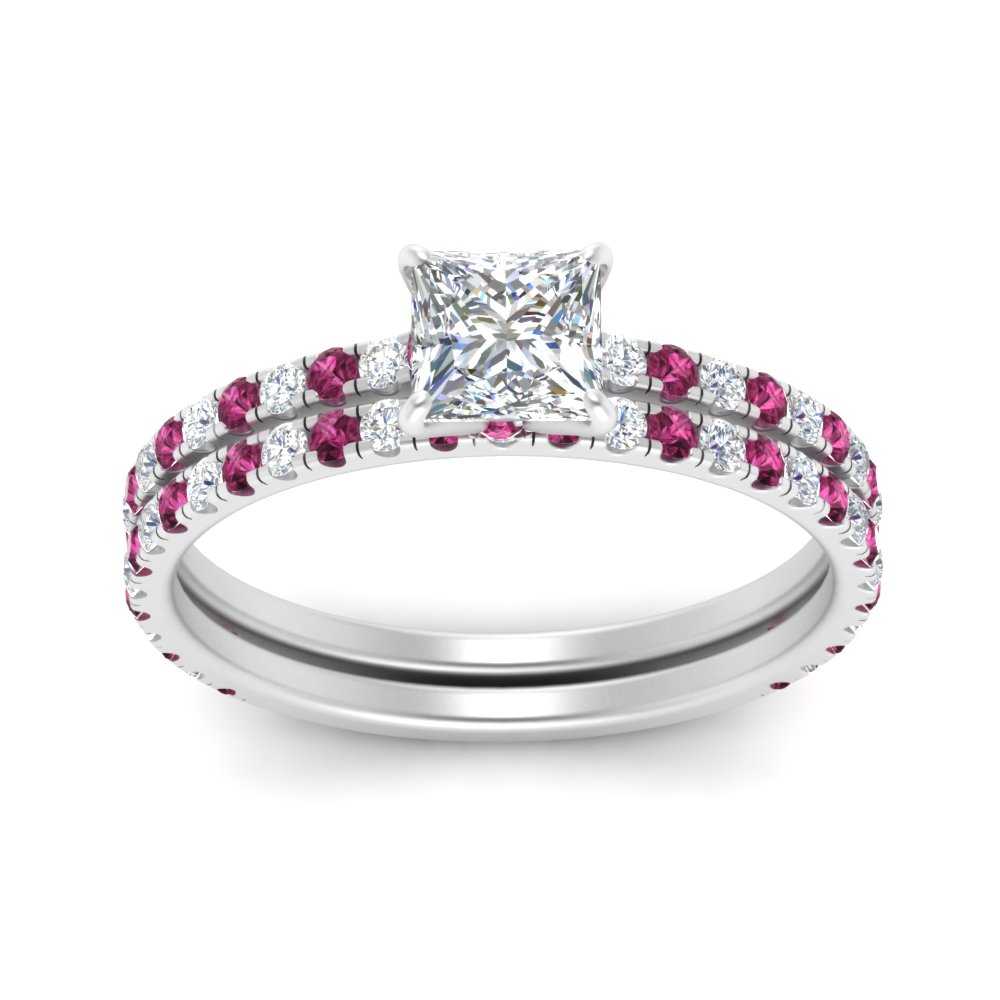 three-quarter-princess-cut-diamond-gallery-bridal-ring-set-with-pink-sapphire-in-FD9168PRGSADRPIANGLE3-NL-WG